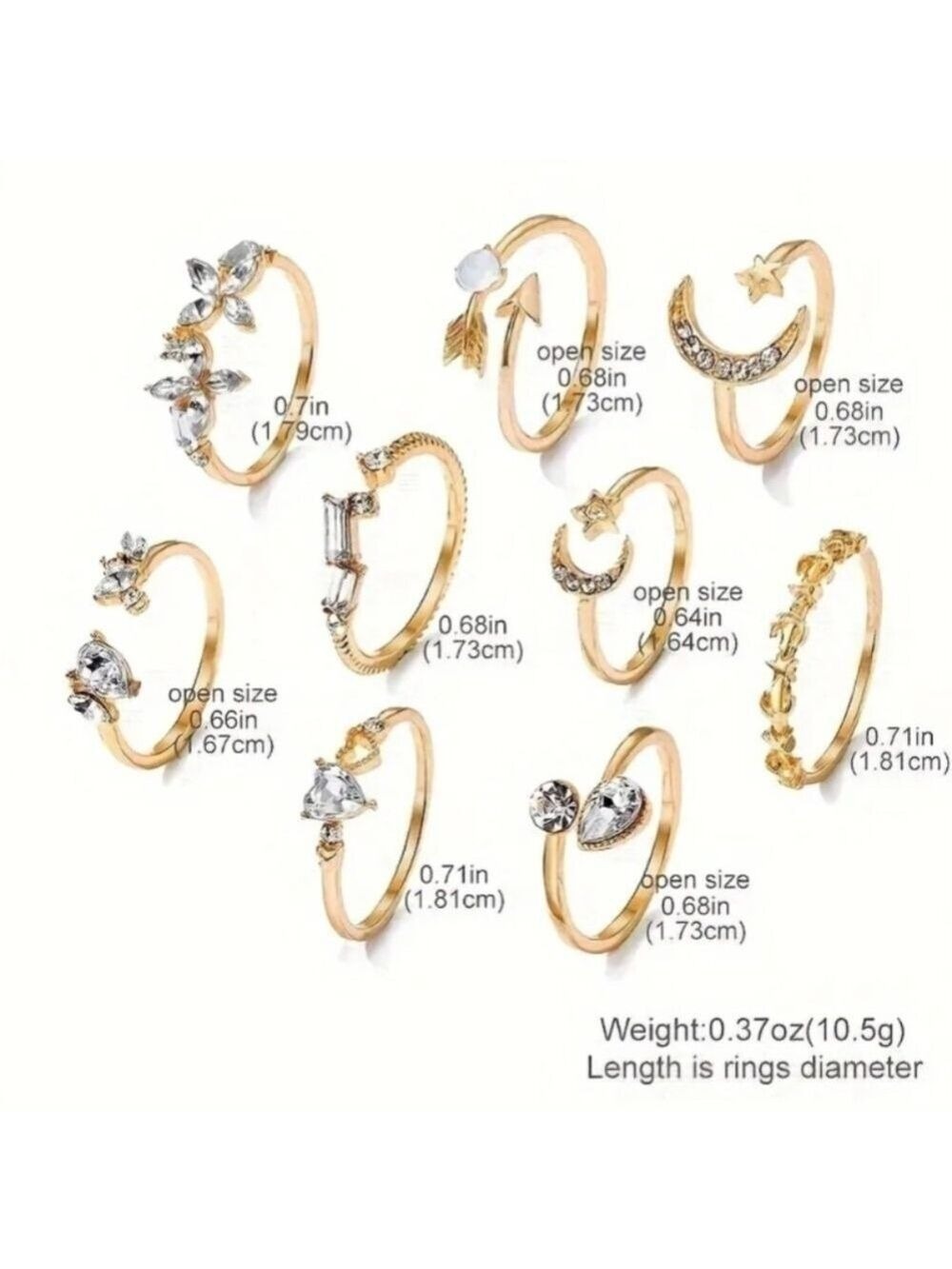 5/$20!! 9pcs/set Open Goldwn Rings with Rhinestones - Picture 2 of 3